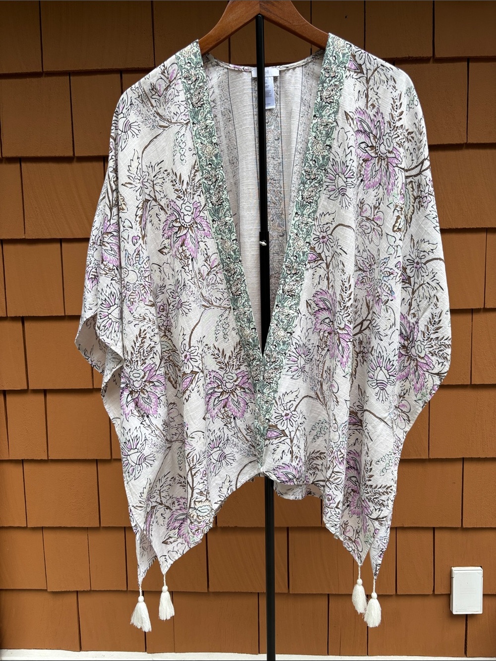 J JILL | Purple Floral Botanical Casual Boho Chic Kimono Wrap Tassels | Size S-L